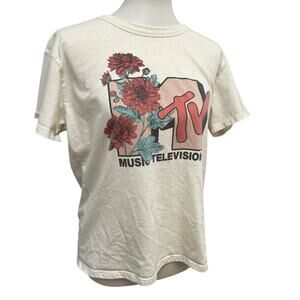Viacom MTV Mens Large Music Television Floral Logo Short Sleeve Cotton Blend Tee